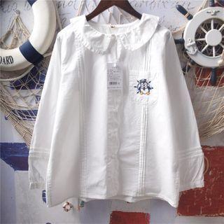 Long-sleeve Penguin Embroidered Blouse White - One Size