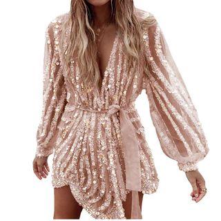 Deep V-neck Sequined Long-sleeve Mini Dress