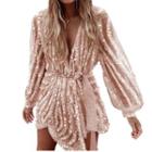 Deep V-neck Sequined Long-sleeve Mini Dress