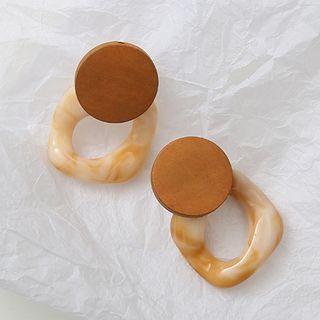 Wooden Disc & Irregular Hoop Earring 1 Pair - As Shown In Figure - One Size