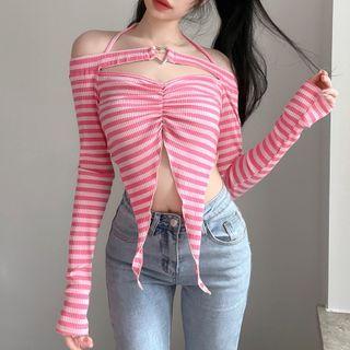 Cold-shoulder Striped Shirred Crop T-shirt