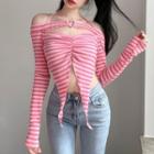 Cold-shoulder Striped Shirred Crop T-shirt