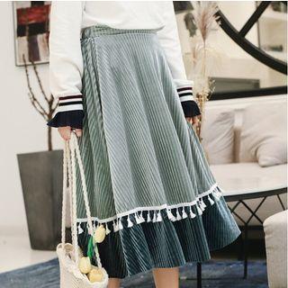 Paneled Fringed Midi A-line Skirt Green - One Size