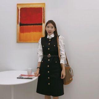 Metallic-button A-line Vest Dress With Belt Black - One Size