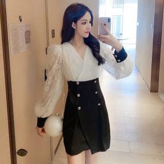 Long-sleeve Two-tone Lace Mini Sheath Dress