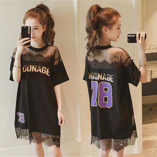 Elbow-sleeve Sheer Panel Mini T-shirt Dress