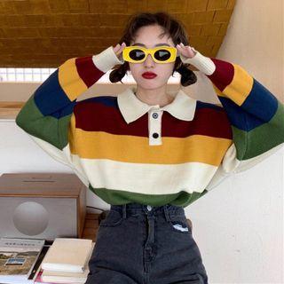Striped Polo Sweater Red & Yellow & White & Green - One Size
