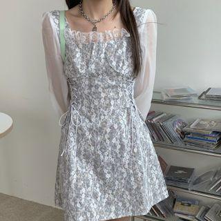 Square-neck Mesh Panel Floral Dress