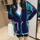 Color Block Panel Cardigan Navy Blue & Green - One Size