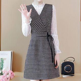Set: Lace Long-sleeve Top + Houndstooth Tie-waist Pinafore Dress