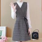 Set: Lace Long-sleeve Top + Houndstooth Tie-waist Pinafore Dress