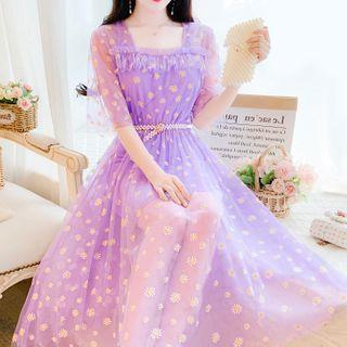 Elbow-sleeve Floral Mesh A-line Midi Dress