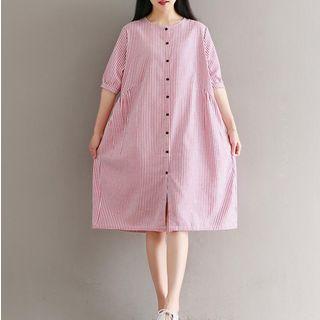 Pinstriped Elbow Sleeve Shirt Dress