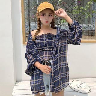 Set: Plaid Open-front Jacket + Tube Top
