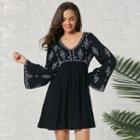 Bell-sleeve Patterned Embroidered A-line Dress