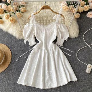 Puff-sleeve Suspender Off-shoulder Plain A-line Dress