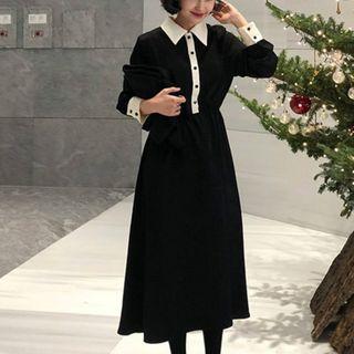 Contrast Trim Midi A-line Shirtdress Black - One Size