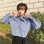 Long-sleeved Loose-fit Gingham Bow Blouse