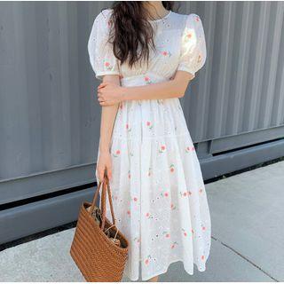 Flower Embroidered Eyelet Lace Short-sleeve Midi A-line Dress