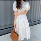 Flower Embroidered Eyelet Lace Short-sleeve Midi A-line Dress