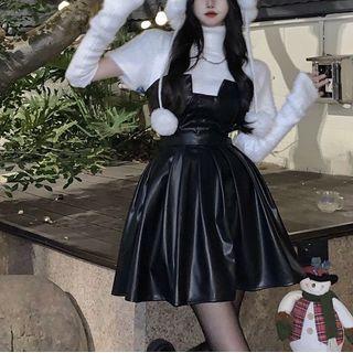 Turtleneck Knit Top / Faux Leather Strapless Mini A-line Dress