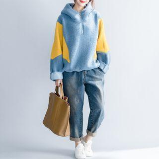 Two-tone Half-zip Fleece Hoodie Blue - One Size