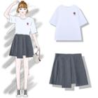 Elbow-sleeve Fruit Printed T-shirt / Asymmetric A-line Mini Pleated Skirt