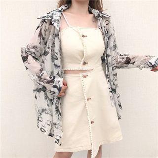 Set : Print Long-sleeve Chiffon Blouse + Spaghetti Strap Dress