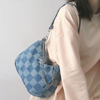 Checker Paneled Denim Shoulder Bag