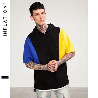 Patchwork Short-sleeved Hooded Pullover
