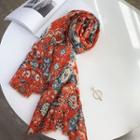 Printed Linen Shawl Floral - Red - One Size