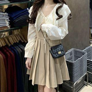 Spaghetti Strap Pleated A-line Dress / Tie-neck Blouse