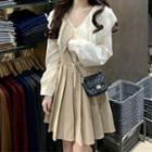Spaghetti Strap Pleated A-line Dress / Tie-neck Blouse