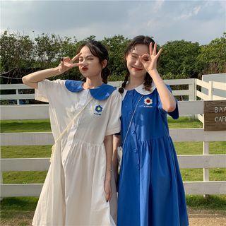 Elbow-sleeve Floral Embroidery Shirt Dress