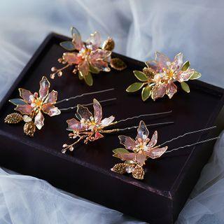 Set Of 5: Wedding Flower Hair Stick + Hair Clip 3 Pcs - Hairpin & 2 Pcs - Hair Clip - Gold - One Size