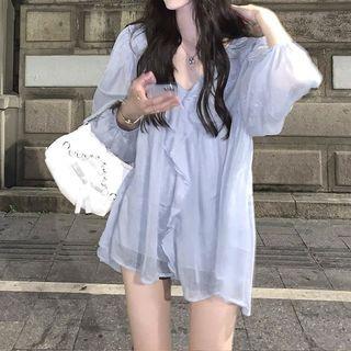 Set: Long-sleeve Ruffled Chiffon Blouse + Camisole Top