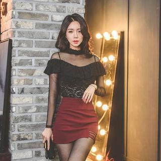 Mock-neck Tulle Lace Sheer Top