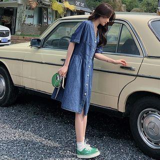 Elbow-sleeve V-neck Denim A-line Dress