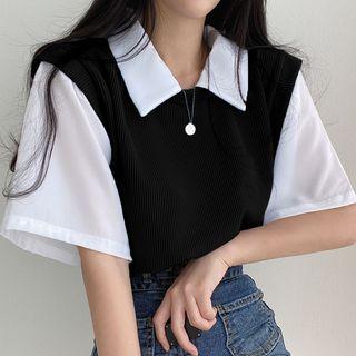 Ribbed Elbow-sleeve Two-tone Collared Top