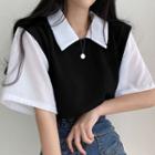 Ribbed Elbow-sleeve Two-tone Collared Top