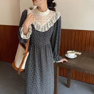 Puff-sleeve Lace Panel Floral Print Midi A-line Dress Black - One Size
