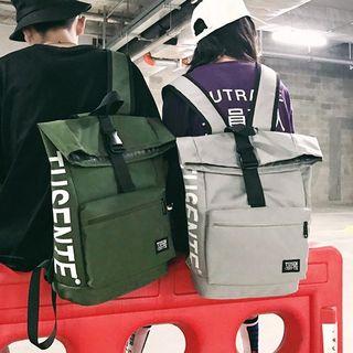 Lettering Roll-top Oxford Fabric Backpack