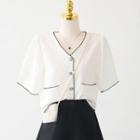 V-neck Two Tone Pleated Button-up Blouse