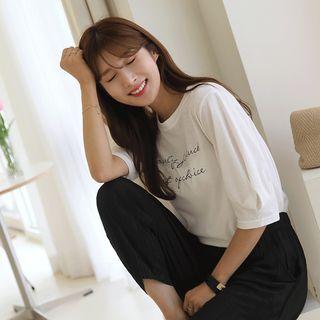 Puff-sleeve Letter-printed T-shirt