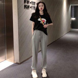 Set: Cartoon Short-sleeve T-shirt + Gather-cuff Straight-cut Pants