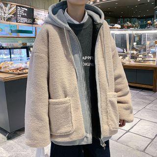 Mock Two Piece Faux Fur Zipped Hooded Jacket