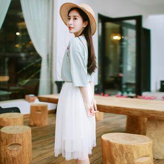 Set: Elbow-sleeve Embroidered Top + Tulle Skirt