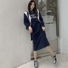 Set: Loose-fit Lettering T-shirt With Shawl / High-waist Midi Skirt