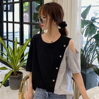Color Block Striped Panel Off-shoulder Top