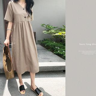 High-waist Linen Blend Midi Shirtdress